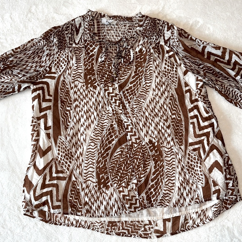 Smocked tie neck blouse